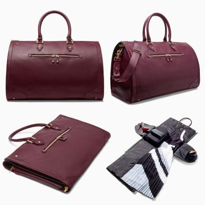 China Fashion Women's Garment Carrier Red Burgundy Pebble Leather Custom Logo Women Travel Garment Dress Carrier Weekender Bag for sale