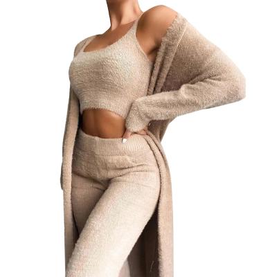 China Breathable Ladies Teddy Loungewear Set Womens Solid 3 Piece Cardigan Tracksuits Pajamas Fleece Long Sleeve Suits Sport Gym Suits for sale