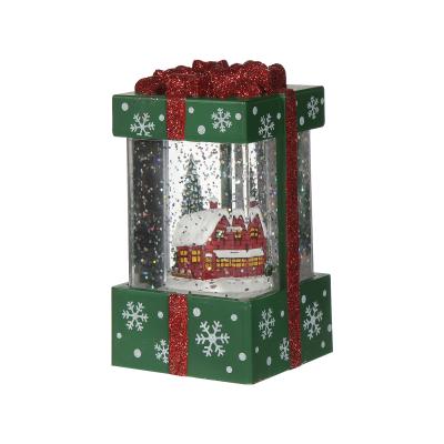 China Gift & Creative Christmas Decoration Christmas Gift Box Shape Gold Glitter Snow Scene Lights Christmas Decoration Ornaments for sale