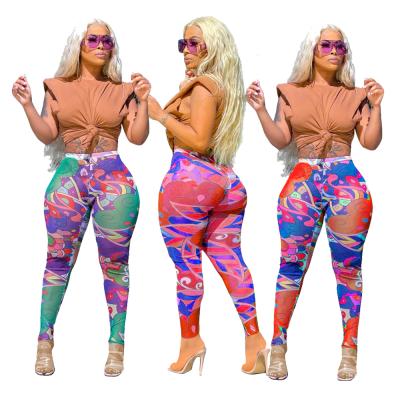 China Anti-wrinkle summer wear pants print tight hip lift casual pants plus size women's pants for sale
