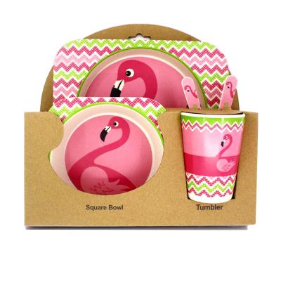 China Minimalist Creative Bamboo Fiber Children's Tableware Set Cartoon Bowl Grid Dish Spoon Cup Fork Five-piece Cute Gift Tableware For Kitchen for sale