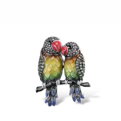 China 925 Sterling Silver Custom Colorful Enamel Parrot Couple Brooch 925 Sterling Silver with Charming CZ Jewelry for birthday gift for sale