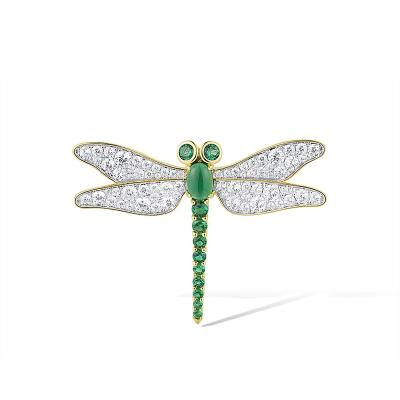 China 925 Sterling Silver China Made Modern JEWELRY dragonfly Brooch Sterling Silver w/ IONIC YELLOW PLATING Brooch Green Spinel White CZ for present for sale