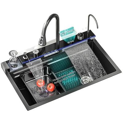 China With Faucet 304 LED Handmade Black 304 Stainless Steel Waterfall Smart Multifunction Kitchen Sink Digital for sale