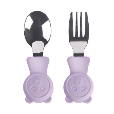 China BPA Free Eversoul 100% Food Grade Kids Silicone Handle Stainless Steel Spoon Fork Baby Safe Healthy Material Children Easy Feeding Tools for sale