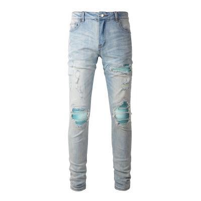 China 2023 viable new blue patch ripped jeans men wash elastic slim legs pants super skinny jeans for men rippedjeans for sale