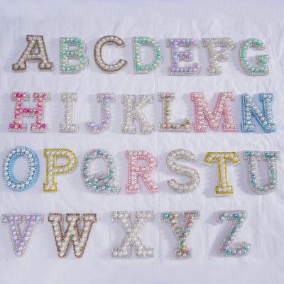 China 3D Pearl Alphabet Patches Iron On Letter Applique 3D Handmade DIY Letter Rhinestone Patches for sale