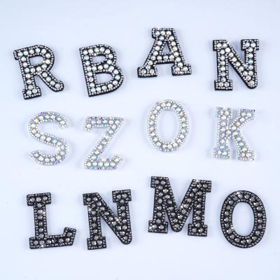 China 3D Pearl Alphabet Patches Iron On Letter Applique 3D Handmade DIY Letter Rhinestone Patches for sale
