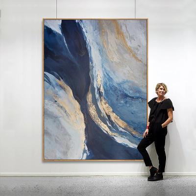 China Hot Selling Abstract Blue Cloud Landscape Canvas Gold Foil Hand Oil Painting 100% Abstract Living Room Decor for sale
