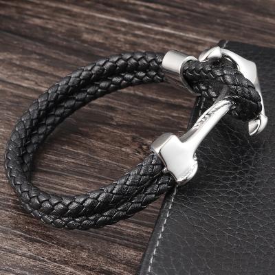China 2021 CLASSIC Personality Stainless Steel Anchor Bracelet Multilayer Braided Leather Men for sale