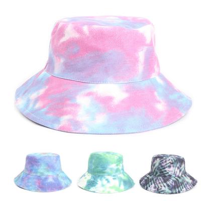 China Character Women Tie Dye Double Sided Wide Brim Flat Top Printing Fisherman Bucket Hat Twine Custom for sale