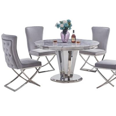 China Modern Gray Marble and Chrome 1.3m Round 5 Piece Dining Set (Grey Chairs) for sale