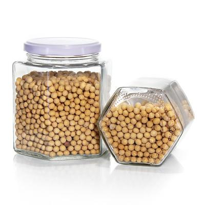 China Garrafas de vidro hexagonais de picles para pasta Garrafas de vidro quadradas para armazenamento de alimentos 16 oz à venda