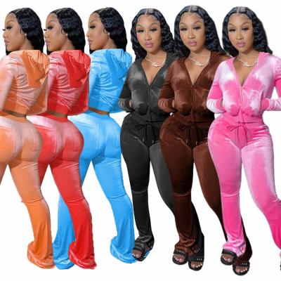 China 2022 New Design Breathable Full Zipper Two Piece Pure Color Velvet Jogging Velvet Casual Velor Tracksuits Set With Hoodie for sale