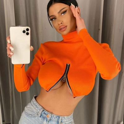 China wholesale Anti-wrinkle design new woman tops fashionable long sleeve solid zipper up stylish crop top for sale