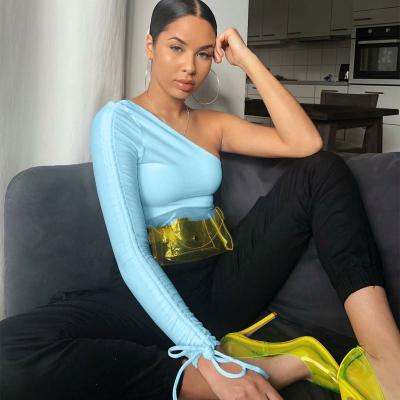 China Anti-wrinkle Women's Shirts 2021 Wholesale Autumn Trendy One Shoulder Lace Up Solid Casual Crop Tops for sale
