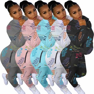China Anti-Wrinkle Tracksuits Candy Color Hoodie And Jogger Pants Set Print Tracksuit Customized 2 Piece Sweatsuit Womens Graffiti Matching Sets for sale
