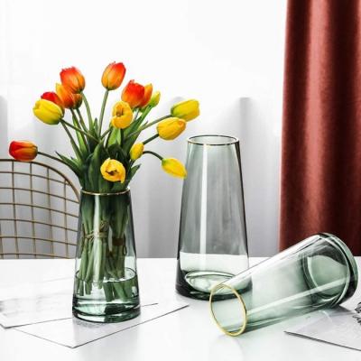 China Modern Special price lightweight and functional green glass vase with gold mouth used for central home wedding living room office for sale