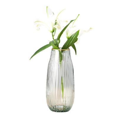China Modern Nordic simple wind vertical grain transparent glass vase used for flower arrangement living room home study table decoration for sale