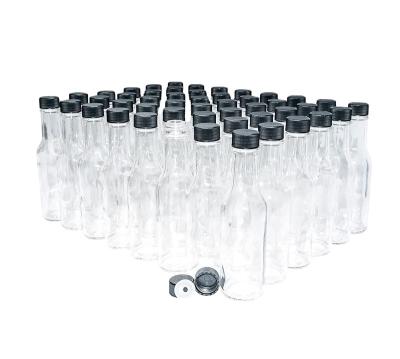 China Cosmetic flint glass bottle designed for hot sauce 5 oz. Clear Glass Hot Sauce Bottle (woozy) with Black Cap and Orifice Reducer for sale