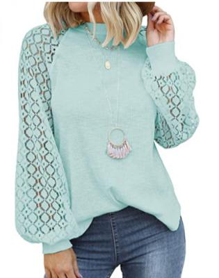 China European and American border women's foreign trade Amazon product hot round neck sleeve QUICK-DRY lace long stitching loose T-shirt for sale