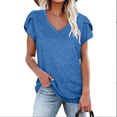 China Foreign trade top women's QUICK-DRY short-sleeved clothing summer new solid color European and American border V-neck T-shirt for sale