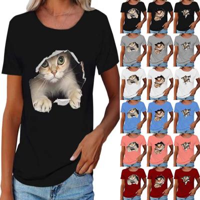 China The European and American border short-sleeved T-shirt QUICK-DRY new women's loose torn fashion round neck spring and summer cat for sale
