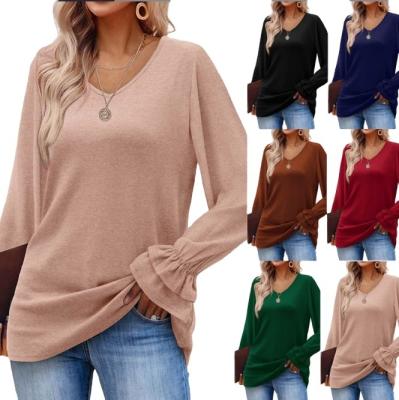 China Amazon Station 2022 Fall And Winter New QUICK DRY Independent Flares Sleeve Solid T-shirt Tops Women Long Sleeves Border for sale