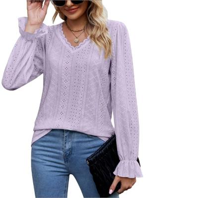 China Foreign trade European V-neck QUICK-DRY women's autumn and winter new American and American lace umbrella sleeve cavity border top T-shirt for sale
