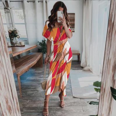 China 2022 Foreign trade printing V-neck dress fashion satin anti-static European and American summer Bohemian dresses for sale