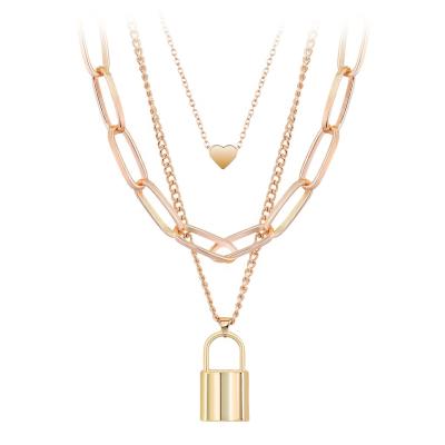 China High quality punk style link love heart and lock necklace fashionable hot selling female multilayer long chain jewelry for sale