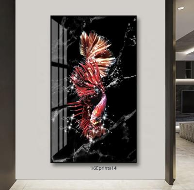 China High Quality Resin Painting Fish Wall Art Print Crystal Porcelain Glass Painting With Gold Aluminum Frame for sale