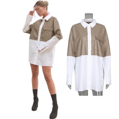 China Autumn Winter Two Tone Pu Leather QUICK DRY Long Sleeve Decline Collar Oversized Women's Casual Shirt Blouse Tops for sale