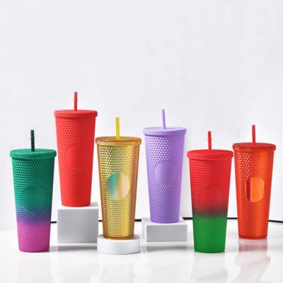 China Business High Quality 24oz Plastic Double Wall Durian Straw Tumbler Crystal Grid Studded Tumbler Cups coffee Mug with lid for sale