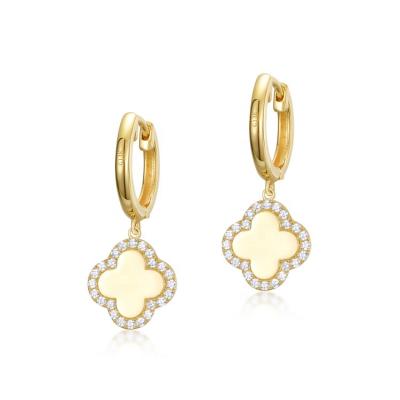 China Nickel free fashion real gold circle drop earrings 14k solid gold lucky circle earrings with four leaf clover shape CZ women jewelry for sale
