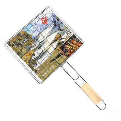 China Sustainable Steel With Wooden Handle Grill Supplies Beef Steak Fish Net For BBQ Tools for sale
