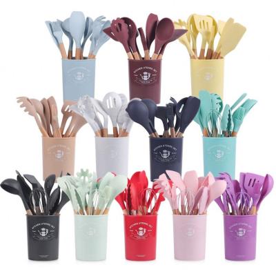 China Viable 12 Pieces In 1 Set Silicone Kitchen Accessories Cooking Tools Kitchen Tableware Cocina Silicone Cookware With Wooden Handles for sale