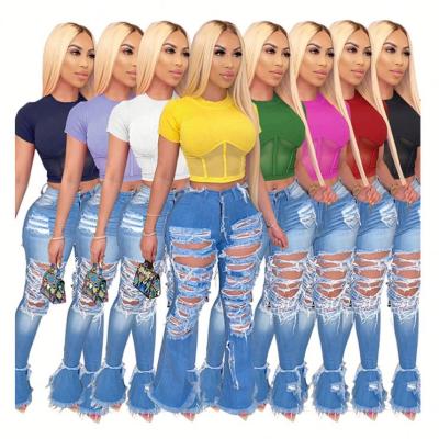 China Fashional Mesh Spliced Solid Color Shaped Anti-wrinkle Design Short Casual Crop Top Sleeve Women Jeans for sale