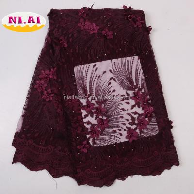 China NIAI Sustainable Magenta Beaded French Lace Fabrics 3D Embroidery Lace Fabric For Asoebi for sale