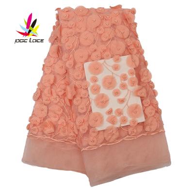 China Viable 3D Flower Beaded French Lace Fabric Wholesale African Bridal Tulle Lace Fabric for sale