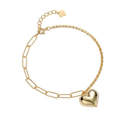 China CLASSIC 925 Gold Plating Sterling Silver Bling Chain And Paper Clip Heart Charm Bracelet For Woman for sale