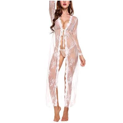 China Pure White Mesh Long Lace Transparent Nightgowns Robe Women Daily Life Wholesale Sexy Long Lace Nightgown See Through Long Kimono Robe for sale
