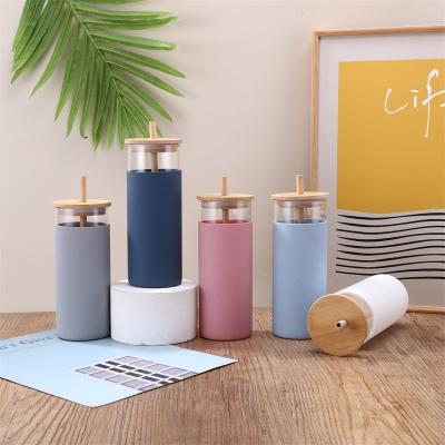 China Business office business water bottle outdoor convenient silicone cup set bamboo lid straw glass insulated water bottle for sale