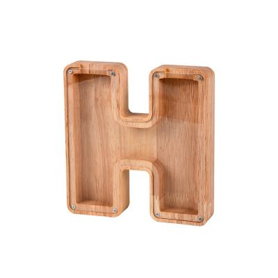 China Handmade Custom Creative Wooden Money Box Alphabet Letter Storage Bin Personalized Letters Coin Bank Customized Wooden Toy Money Box for sale