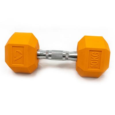 China Custom Hexagonal Logo PVC Hexagonal Logo Gym Fitness Rubber Covered Rubber Dumbbell Colorful Black Colored Dumbbell for sale
