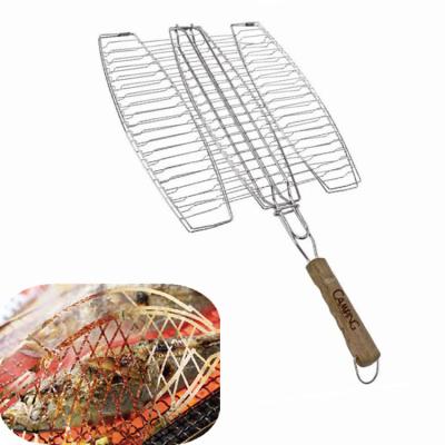China Easily Cleaned 3 in 1 BBQ grill tool large cooking area BBQ fish grill basket with wooden handle for sale