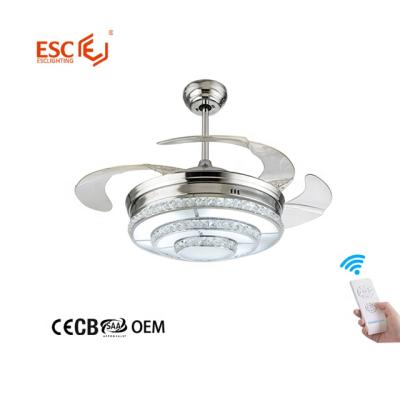 China Modern Fan 3 Tone Lights 42 Inch 3 Speed Smart Home Gear Retractable Crytal Fan Light for sale