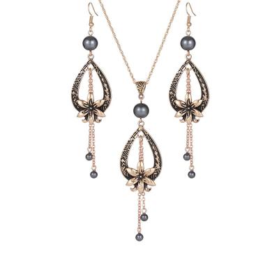 China New Hard Wholesale Hawaii Earring Necklace Pearl Zinc Alloy Gold Plated Drop Shape Jewelry Sets for sale