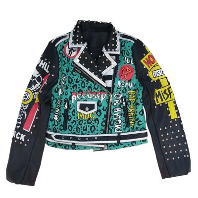 China 2022 Motorcycle Jacket Ladies Motorcycle Street Style Rivet Leopard Pu Punk Graffiti Studded Leather Bomber Jacket For Women for sale