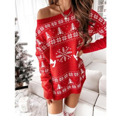 China New Christmas Breathable Women's Knitted Sweater European and American Jacquard Loose Knitted Long Sleeve Dress for sale
